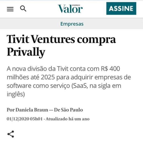 Matéria VALOR ECONÔMICO sobre a estratégia adotada pela TIVIT para adquirir a Privally Global